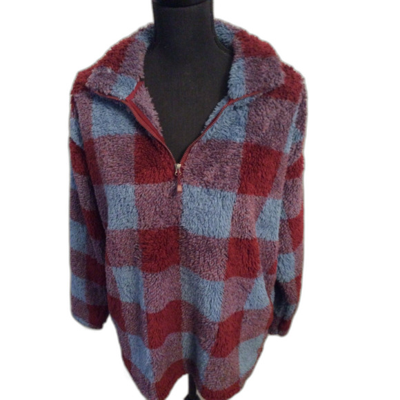 Eddie Bauer Pullover Plush Soft Maroon Blue Partial Zip Jacket Check Size XL - Picture 1 of 3